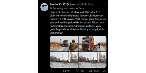 Serdar Kılıç Twitter hesabından yaptığı açıklamada Ermenistan Dışişleri Bakan Yardımcısı Vahan Kosta