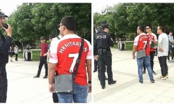 ​Bakü`de polis Ermeni futbolcunun üniformasını giyen Arsenal taraftarlarını durduruyor (video)
